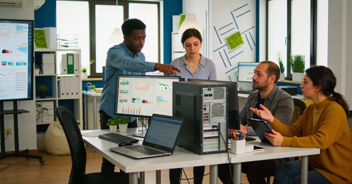 Small business team working with advanced IT equipment in an engaging office space