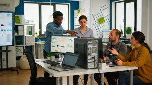 Small business team working with advanced IT equipment in an engaging office space
