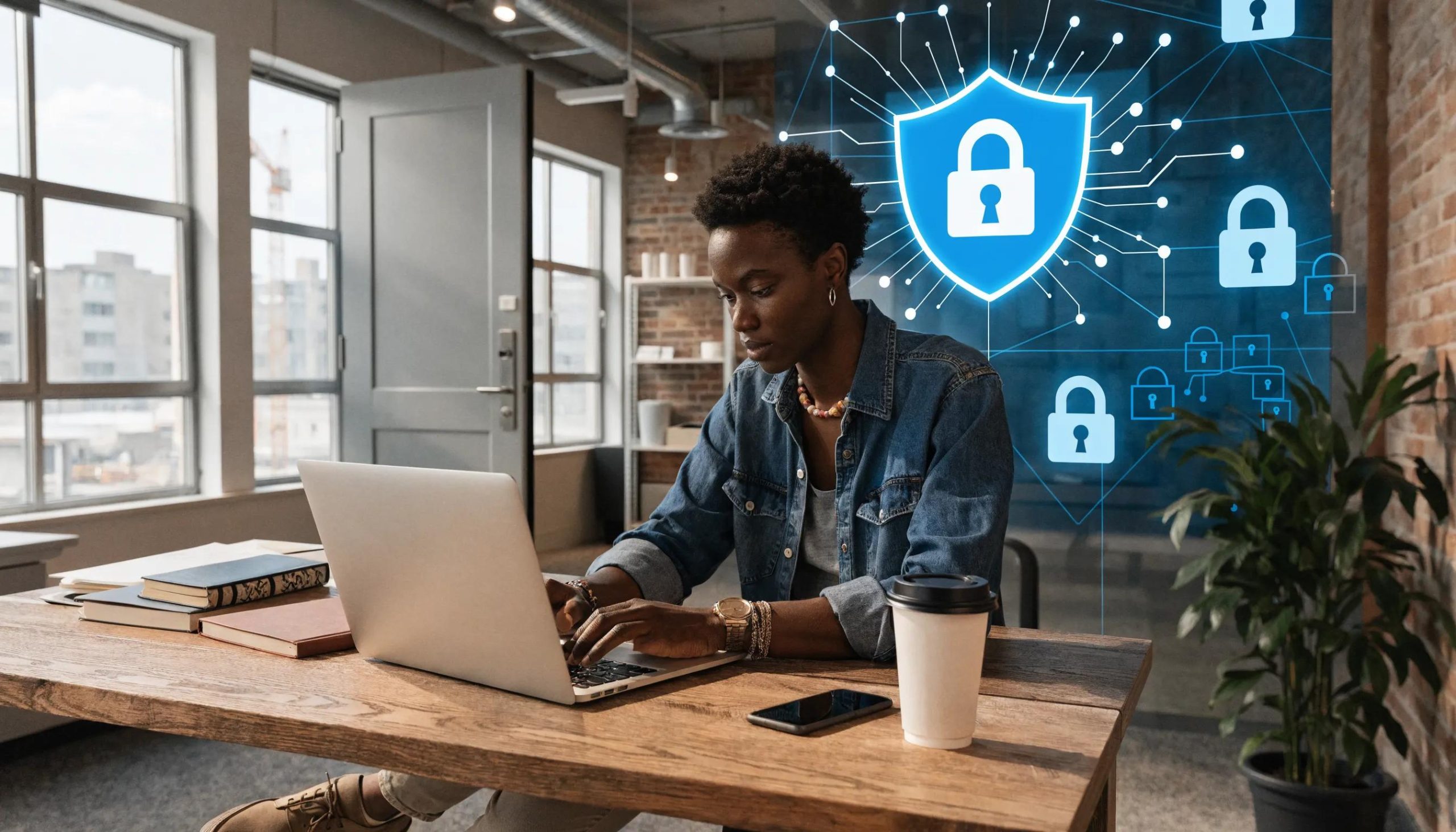 Professional in a modern office illustrating Microsoft 365 security features