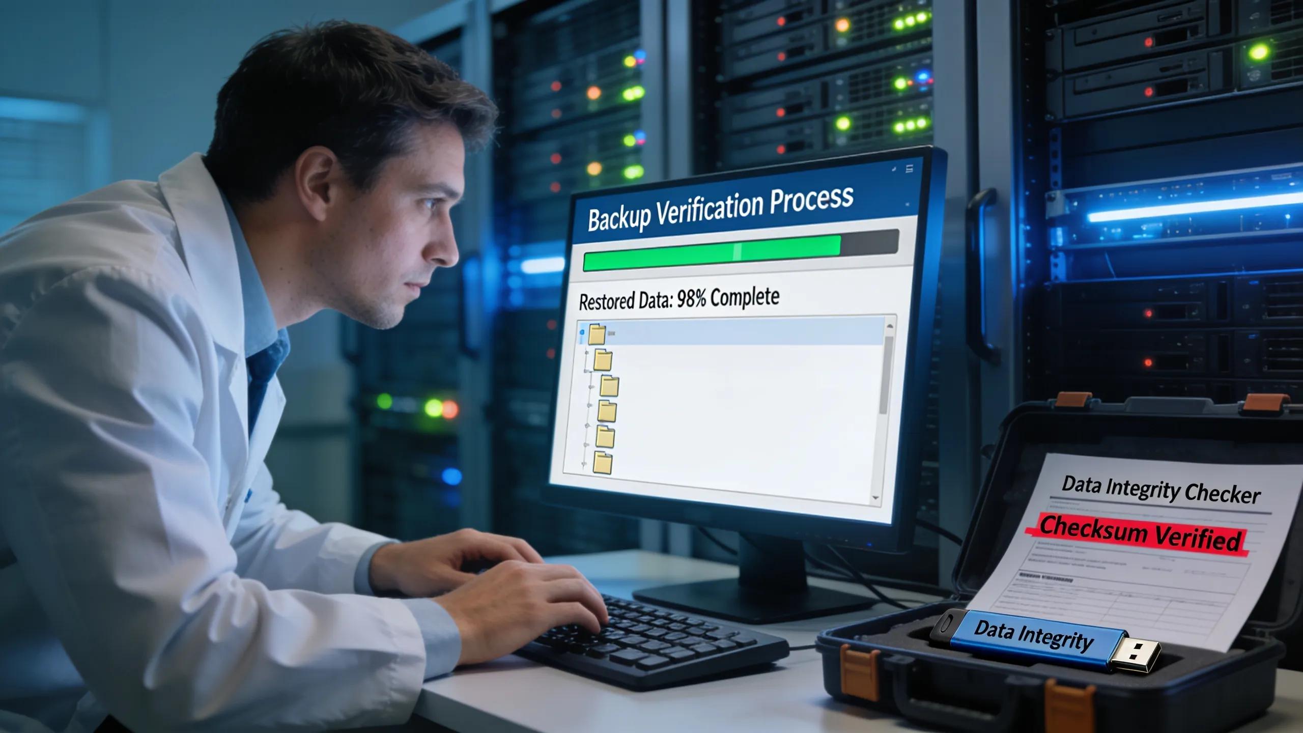 Technician running recovery tests on a workstation to validate backups