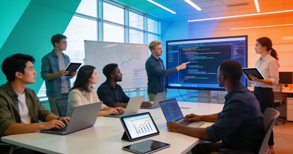 Team of IT professionals collaborating in a modern office environment