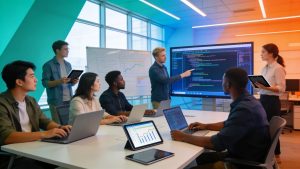 Team of IT professionals collaborating in a modern office environment
