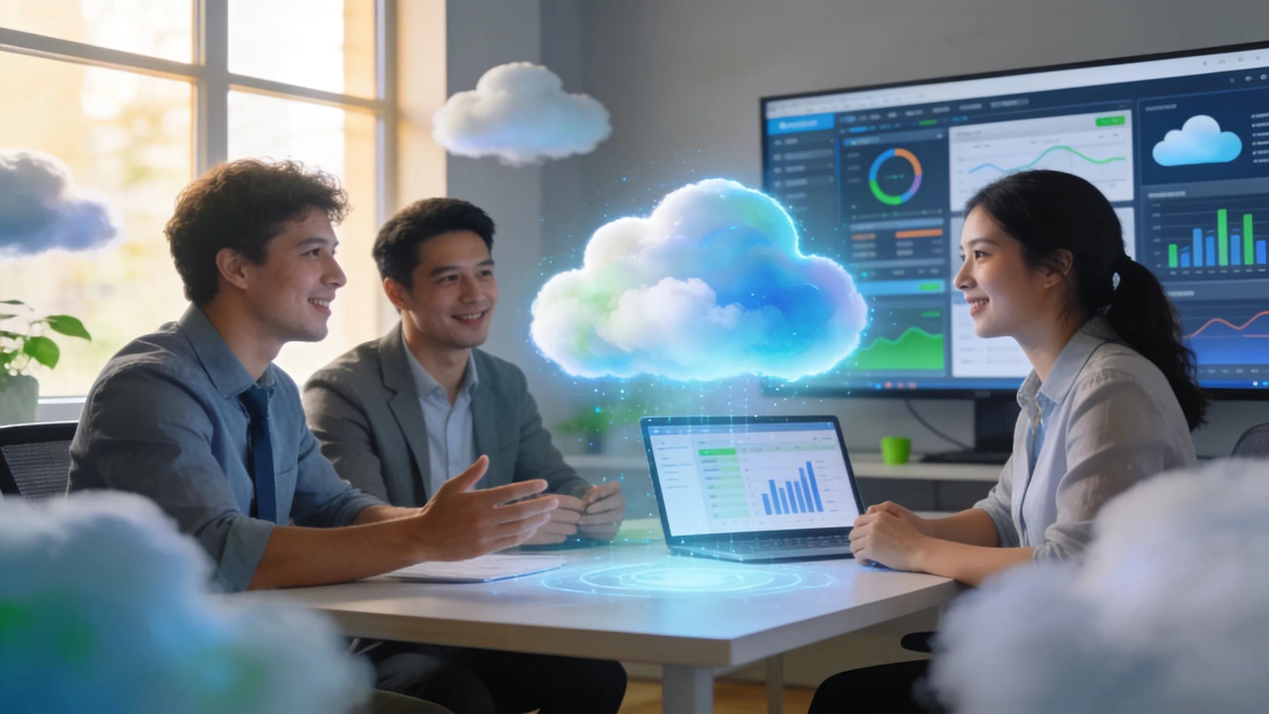 Team collaborating on managed cloud solutions with cloud visuals