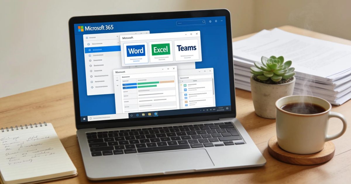 Small business workspace featuring Microsoft 365 tools, highlighting productivity and collaboration elements