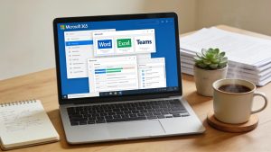 Small business workspace featuring Microsoft 365 tools, highlighting productivity and collaboration elements