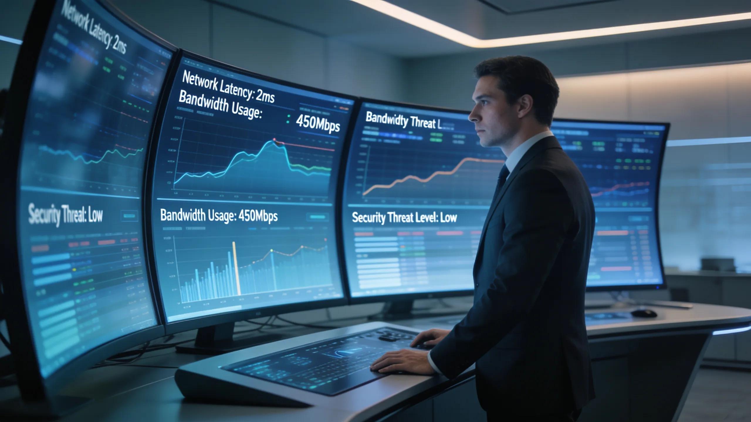IT professional monitoring network performance on multiple displays