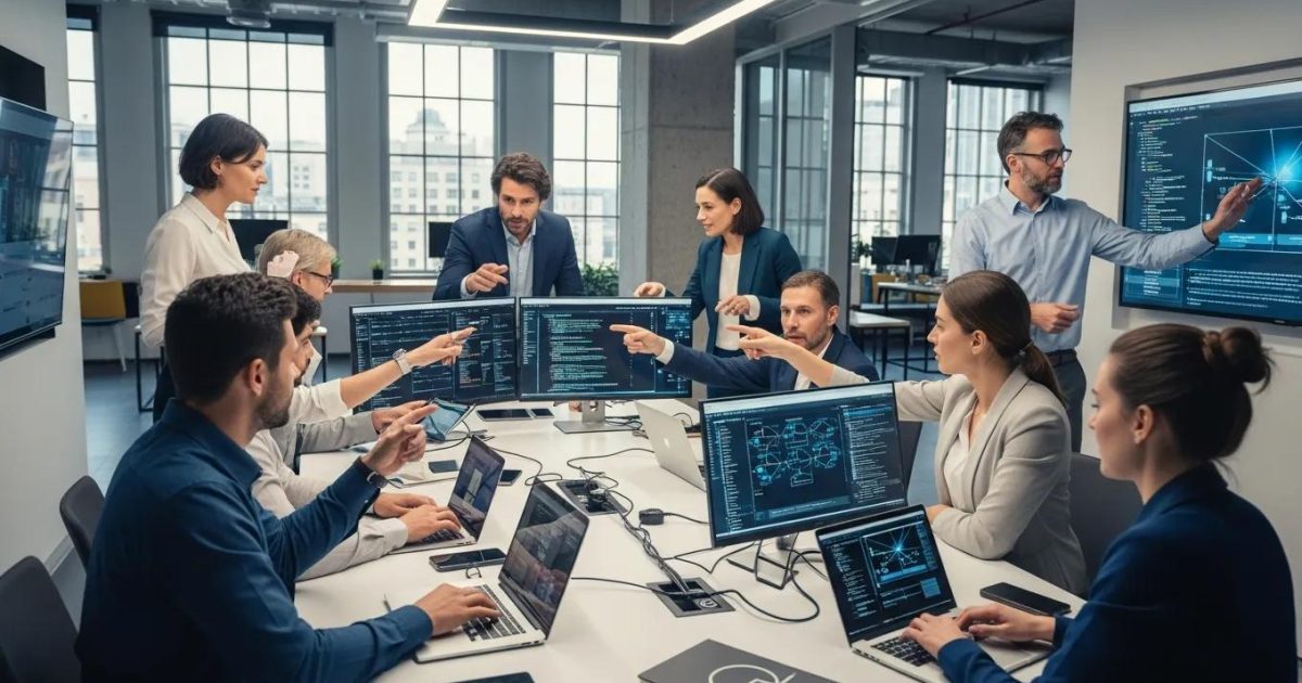Collaborative IT team discussing proactive IT management strategies in a modern office