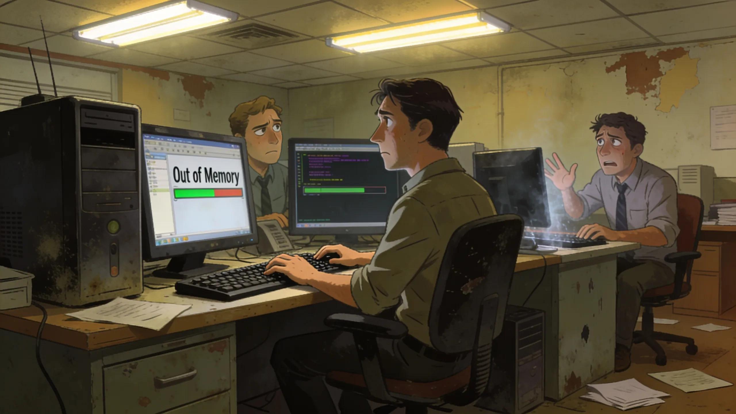 Employees slowed by outdated computers and IT issues in an office