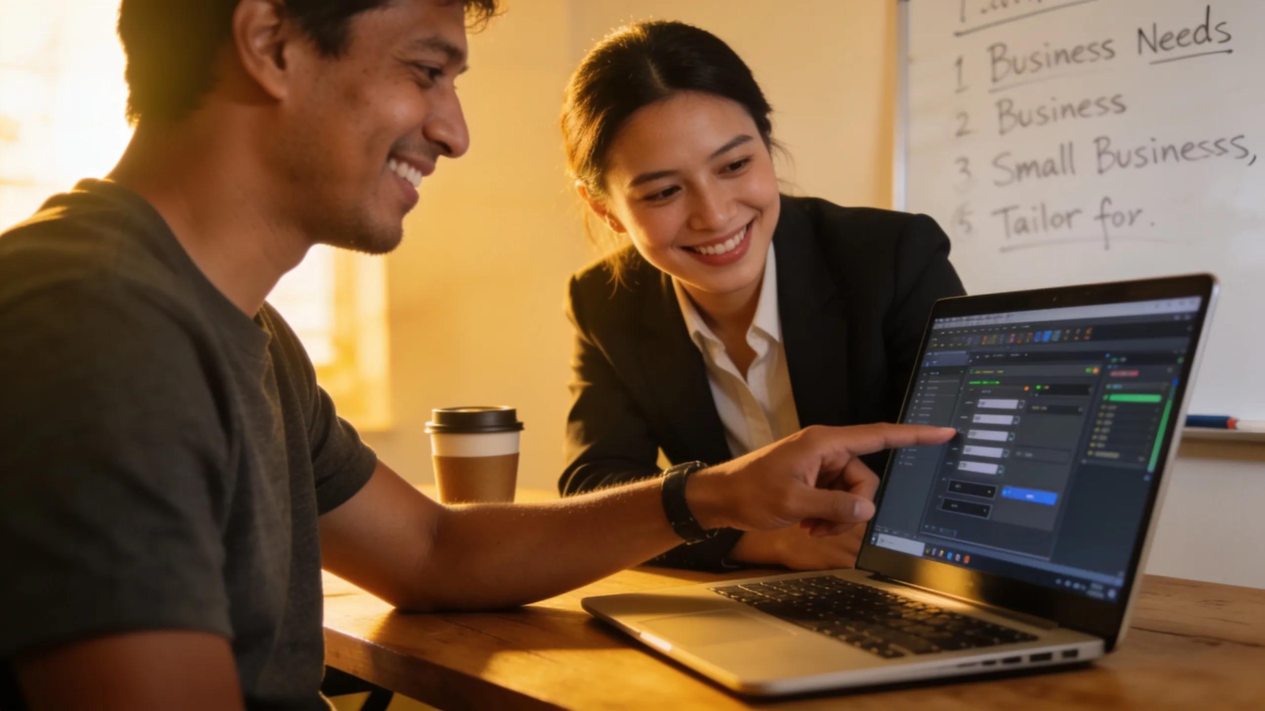 Local IT professional designing a tailored solution with a small business owner