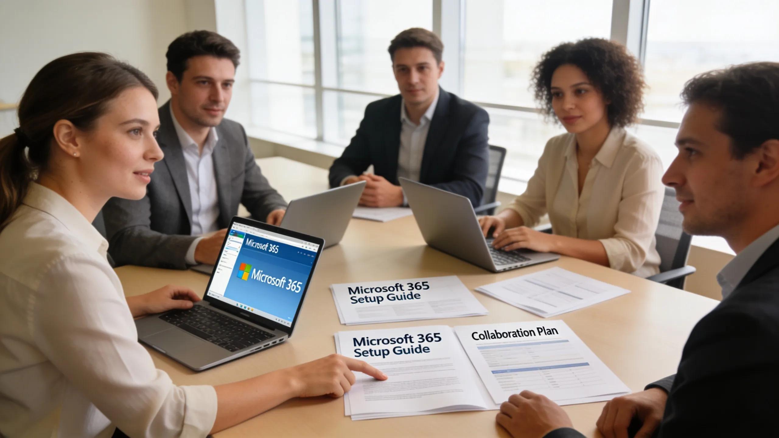 Business team collaborating on Microsoft 365 setup, emphasizing teamwork and planning