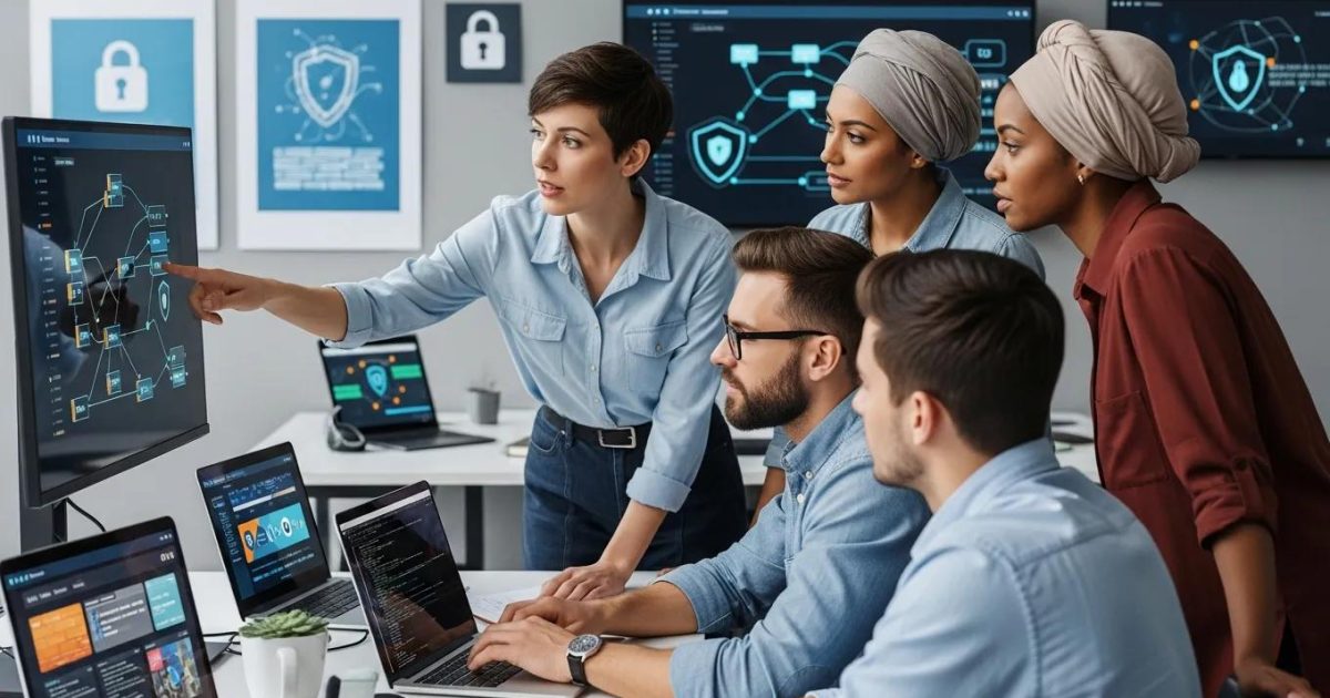Nonprofit professionals collaborating on cybersecurity solutions in a modern office setting