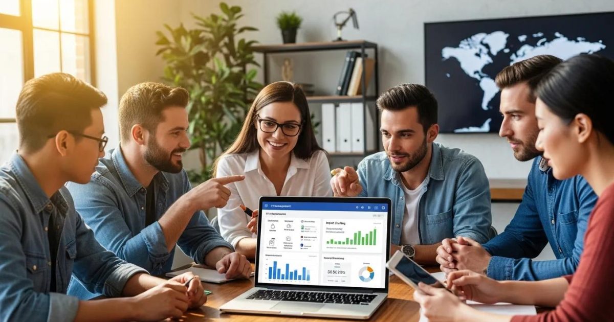 Nonprofit professionals collaborating on IT solutions in a modern office
