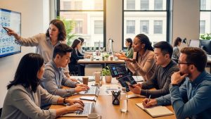Teamwork in an office discussing IT upgrades for operational efficiency