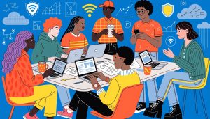 Diverse IT professionals collaborating in a modern office setting, showcasing teamwork in managed IT services