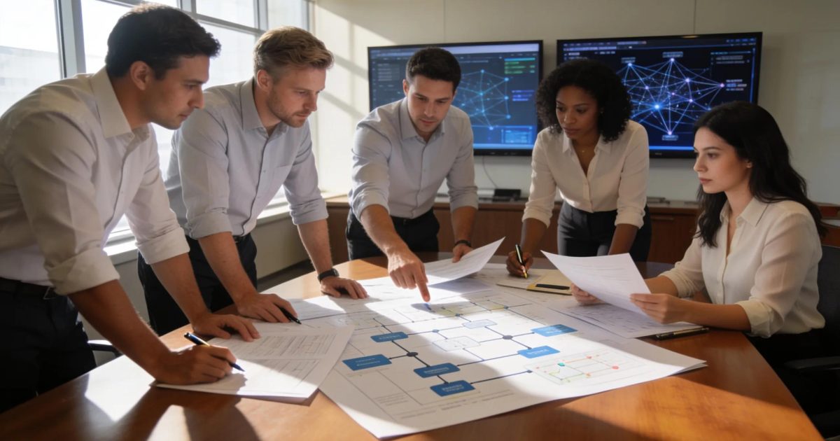 Indiana small-business team reviewing a cybersecurity plan in an office