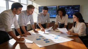 Indiana small-business team reviewing a cybersecurity plan in an office