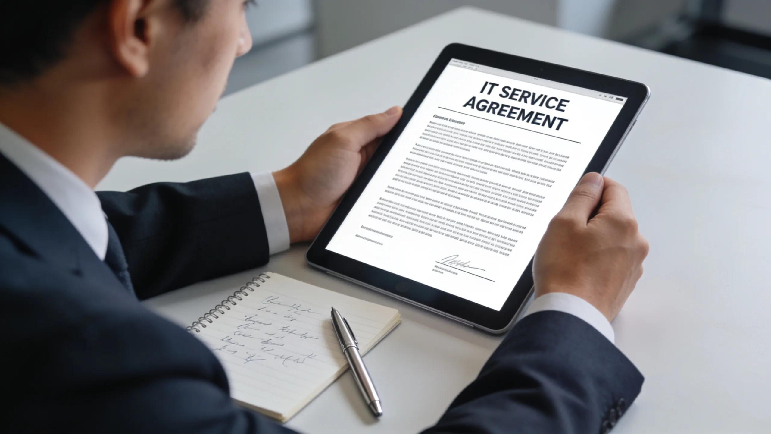 Professional reviewing a contract on a tablet — clear pricing and contract terms