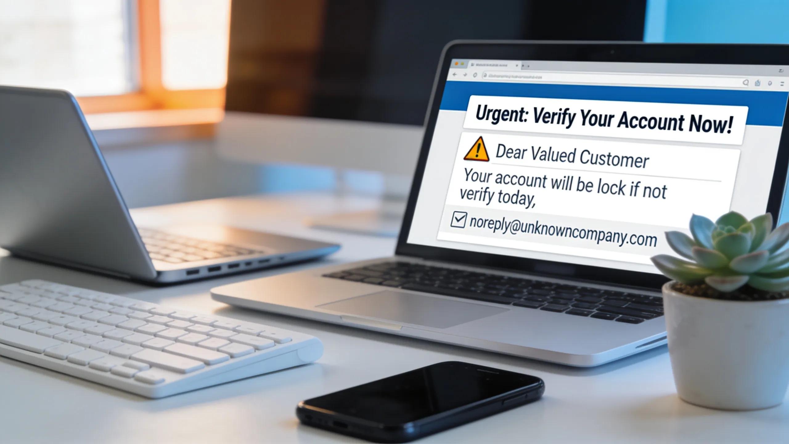 Desktop showing a suspicious email that may be a phishing attempt